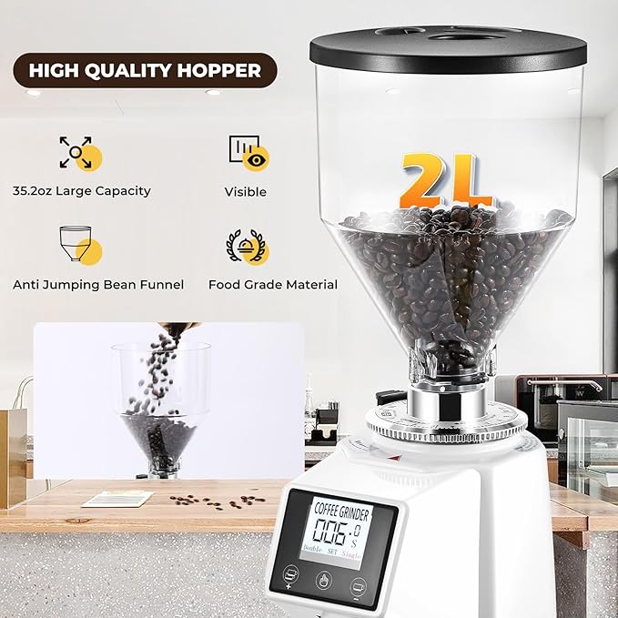Electric Coffee Grinder with Flat Burr, 19 Settings & Digital Timer Display, Commercial Espresso Coffee Grinder with Large 35 oz Hopper, White