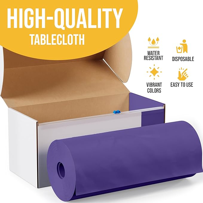 Exquisite Purple Plastic 54x300in Rectangular Tablecloth Roll with Built-in Cutter - 30 Feet, Disposable, Waterproof, All-Season, Birthday