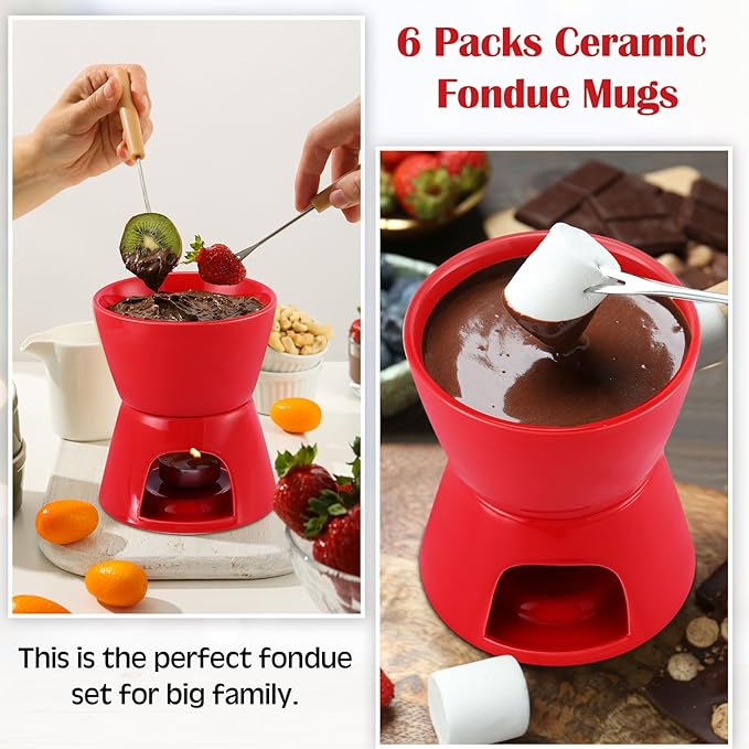 Mudder 6 Pieces Fondue Mug Ceramic Pot and 24 Pieces Forks Set for Melting Chocolate, Cheese, Broth or Tapas on Christmas Gift Valentine's Day(Red)
