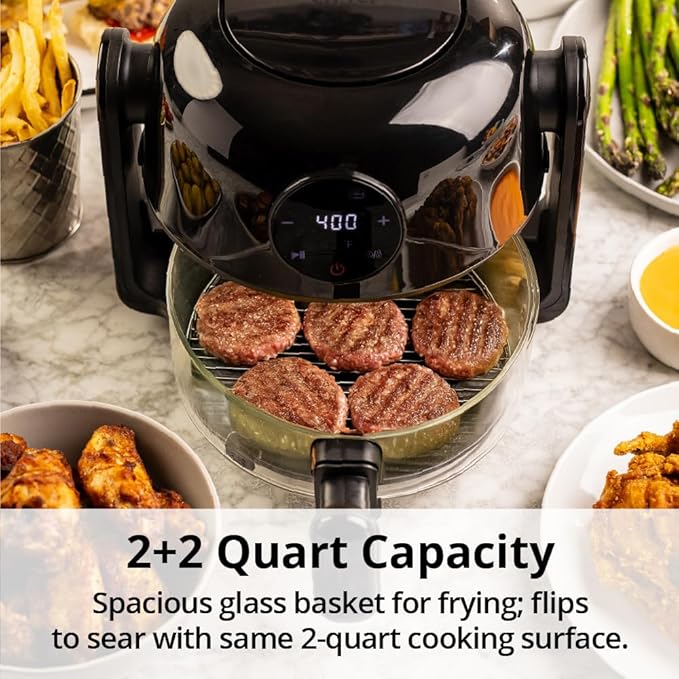 Aria Air Fryer, Non-Stick Ceramic Build, Dishwasher Safe Ceramic Non Toxic Large Sized Airfryer Basket, Touchscreen Display & Auto Shutoff, BPA & Teflon Free with Cookbook (4 Qt Flip Flop (2+2))