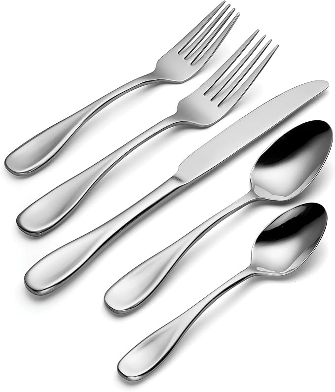 Oneida Silverware Set For 8, Voss 45-Piece Everyday Flatware Set with Serving Utensils, Service For 8, 18/0 Stainless Steel, Mirror Finish, Dishwasher Safe, Knives Spoons and Forks (Silver, 45 Pieces)