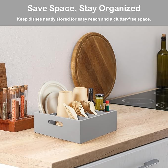 Wood Utensil Holder for Party, 6-Compartment Paper Plate Organizer with Handles, Wooden Silverware Caddy for Picnic, Camping, BBQ, Buffet, and Kitchen Countertop Organization, Gray