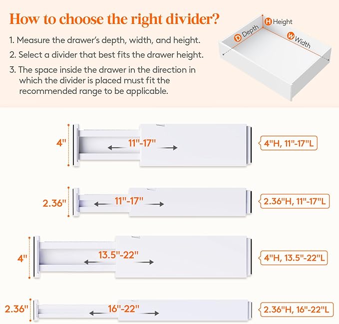 Lifewit 20 Pack Drawer Dividers 4" High, 11-17" Adjustable Dresser Drawer Organizers for Clothes, Expandable Dresser Separators in Bedroom/Bathroom/Kitchen/Vanity/Office Organization and Storage,White