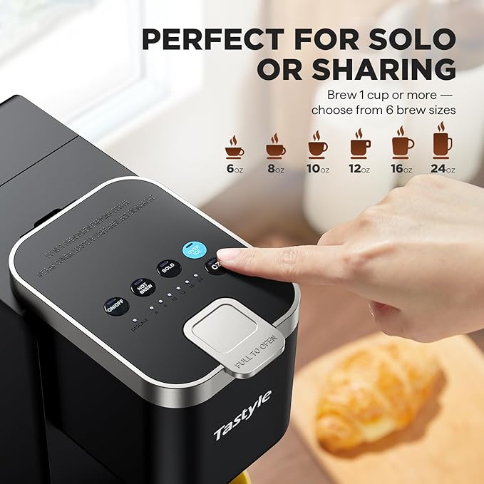 Single Serve Coffee Maker, Iced and Hot Coffee Machine for K Cup & Grounds, Compact Design, 40oz Removable Water Reservoir, 6 to 24 Oz Brew Sizes, Fits 7.3" Travel Mug, Black