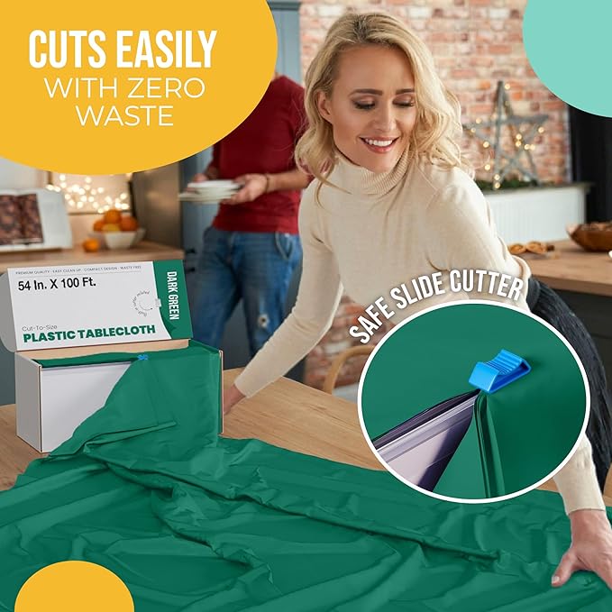 Exquisite Party Solids 54 Inch X 100 Feet Dark Green Plastic Table Cover Roll in A Cut - to - Size Box with Convenient Slide Cutter. Cuts Up to 12 Rectangle 8 Feet Plastic Disposable Tablecloths