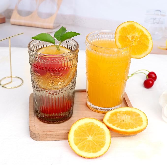 6pcs Vintage Drinking Glasses Set, 12 oz Tawny Highball Glasses, Embossed Ribbed Glassware Cups for Cocktail, Water, Juice, Coffee, Whiskey