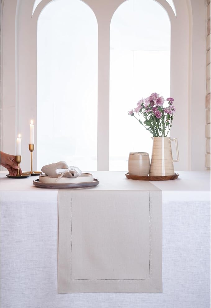 D'Moksha Homes Linen Silver Grey Table Runner 60 Inches - Classic Hemstitch, 100% Pure Linen Coffee Table Runner 14 x 60 Inch Ideal for Dresser Tables - Summer, Fall and Halloween