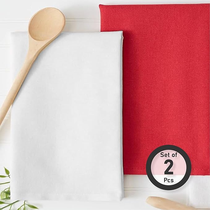 Kitchen Towels Cotton Solid Dish Cloths Kitchen Hand Towel Reusuable Dish Towel for Cleaning Tea Towels Set with Hanging Loop - 18"x 28",Red & White, Pack of 2