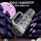 40 oz Halloween Tumbler with Handle, Glow-in-the-Dark, 2-in-1 Straw Lid, Leakproof, Insulated Stainless Steel Travel Coffee Mug, Keeps Cold for 34 Hours, Fits in Car Cup Holder (Spooky Skull)