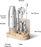 Caraway 9-Piece Complete Bar Set - Cocktail Shaker, Jigger, Muddler, Wine Key, Strainer, Bar Spoon, Storage Organizer, Magnetic Backer - Bartender Accessories - Tools for Home Bartending - Cream
