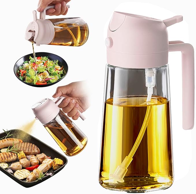 TrendPlain 16oz/470ml Glass Olive Oil Sprayer for Cooking - 2 in 1 Olive Oil Dispenser for Kitchen Gadgets, Air Fryer, Salad, and BBQ - Peach