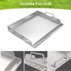 Universal Stainless Steel Griddle Flat Top Plate with Even Heating Bracing for BBQ Charcoal and Gas Grills, Camping, Tailgating, and Parties,with Grease Groove and Removable Handles (17" x 13")