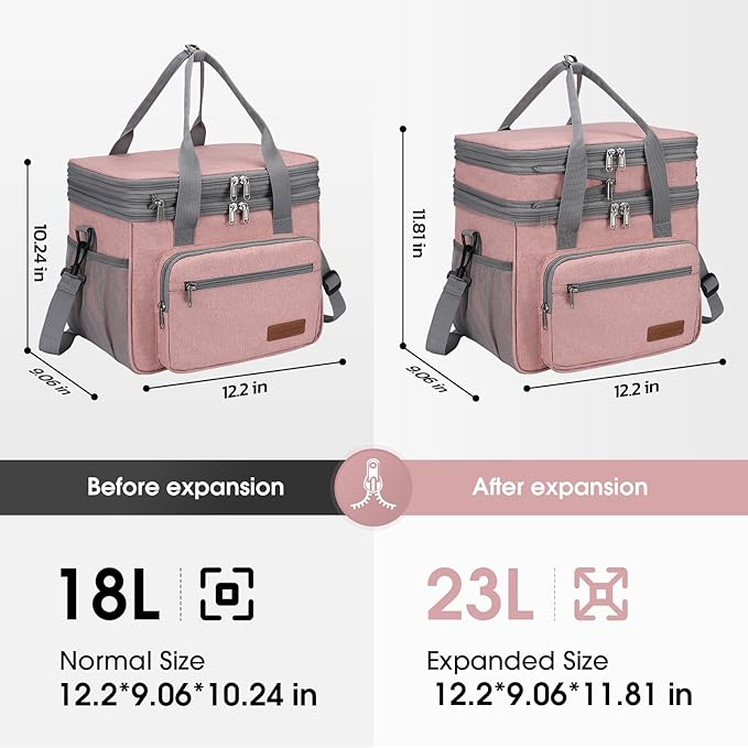 Maelstrom Lunch Bag Women,23L Insulated Lunch Box for Men Women,Expandable Double Deck Lunch Cooler Bag,Lightweight Leakproof Lunch Tote Bag with Side Tissue Pocket,Pink