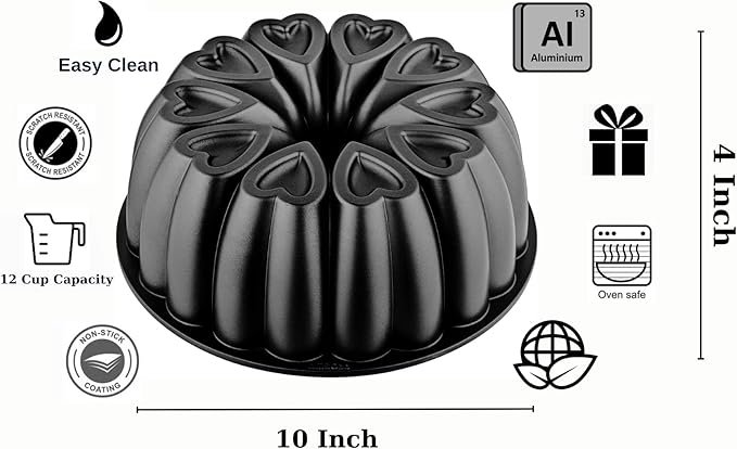 Heart Shape Aluminum Cake Pan, Titanium Coating, Non-Stick, 12 Cups, Heavy Duty, Gifts for Mom, Molded Cake Pan, 10 Inch Baking Mold, Cast Aluminum Fluted Tube Pan, Easy to Clean (Black)