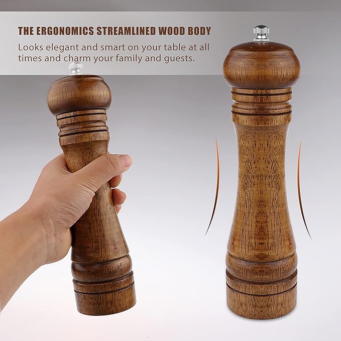 2PCS Salt and Pepper Grinder, Solid Wood Sea Salt and Pepper Shakers, Pepper Mill & Salt Mill With Adjustable Coarseness, Premium Spice Grinder Easy To Use 8 INCH, Ideal Gift for Parents & Friends