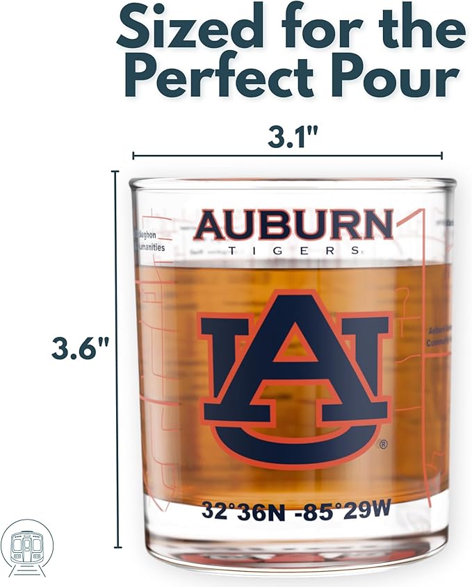 Greenline Goods – University of Auburn Tigers College Whiskey Glasses (Set of 2), 10 oz – Full-Color Logo + Campus Map
