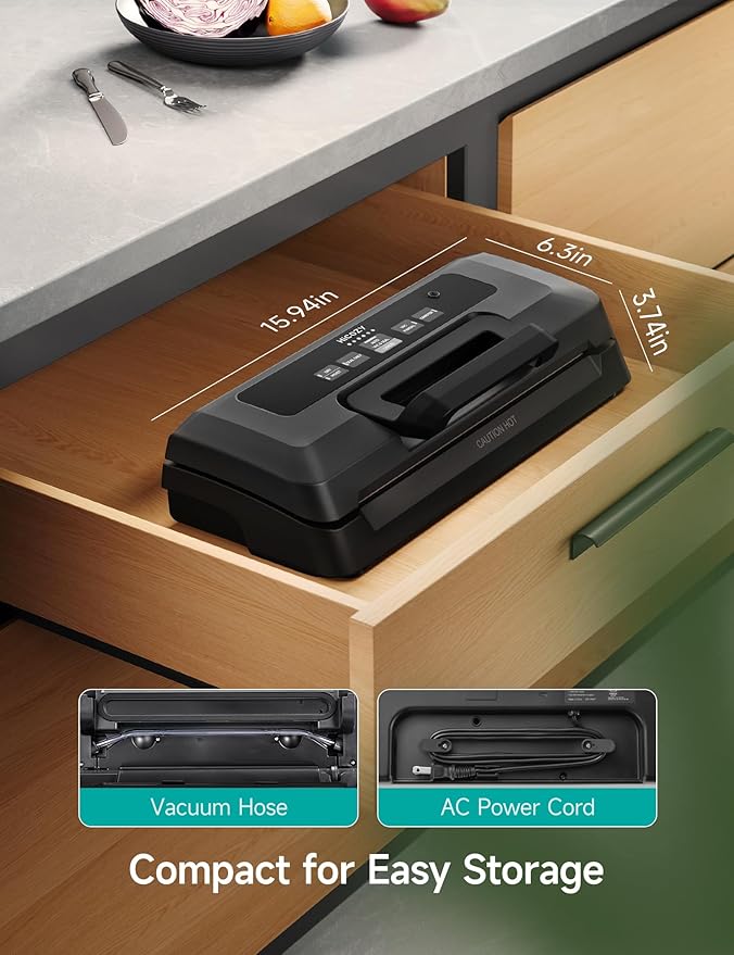 HiCOZY Vacuum Sealer for Food, Powerful Heat Food Sealer, Dry Moist 7-1 Multiple Automatic Modes, Easy-Lock Handle, Compact Design with 10 Vacuum Bags & 2 Bag Rolls, Bag Cutter Included, Black