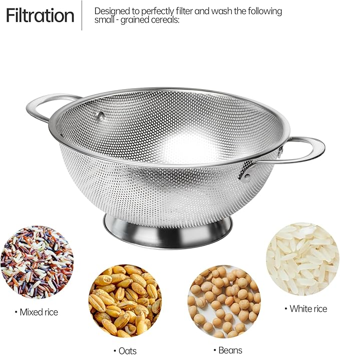 Premium Stainless Steel Colander for Kitchen, Food Strainer Basket with Handle and Solid Ring Base for Fruits Vegetables Rice and Pasta, Dishwasher Safe (3QT)