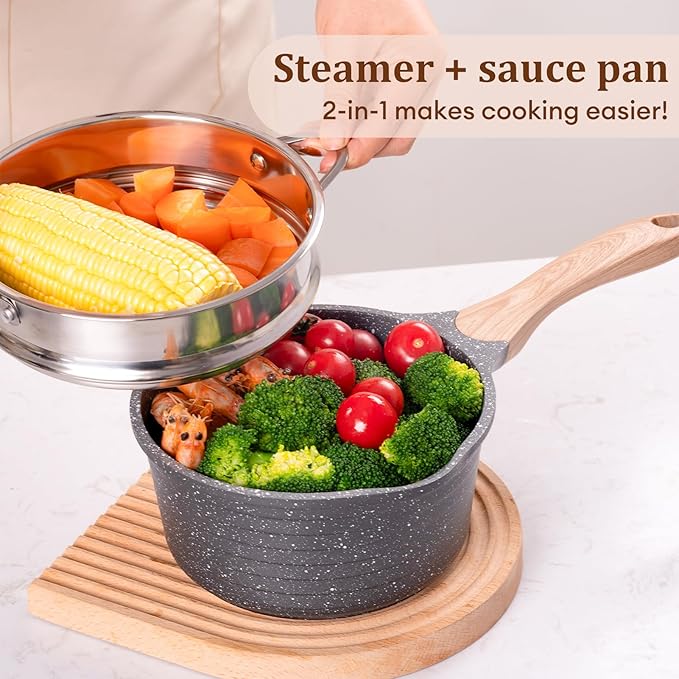 JEETEE 2.5 Quart Saucepan with Steamer Basket, Small Sauce Pot with Lid，Nonstick Coating with Pour Spout, Induction Compatible Cookware Sauce Pan for Cooking, PFOA/PFOS Free