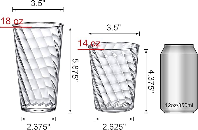 Amazing Abby Glacier Plastic Tumblers (Set of 12), 14-Ounce and 18-Ounce, All-Clear, Stackable, BPA-Free, Shatter-Proof, Dishwasher-Safe