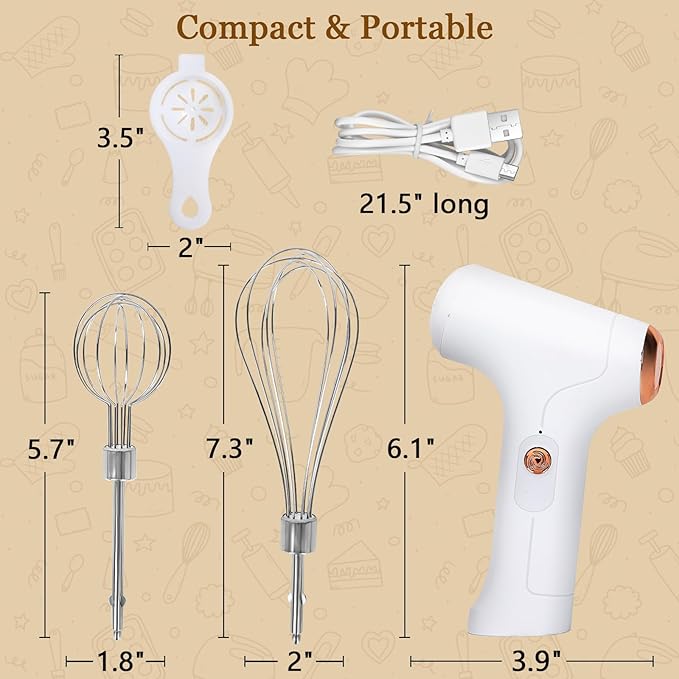 Cordless Hand Mixer, Handheld Electric Whisk with 3 Speed Modes, Hand Held Egg Beater with 2 Detachable Stir Whisks (White)