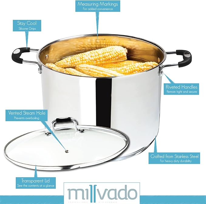 Stock Pot, Large Stainless Steel 12.5 Quart StockPot, Large Cooking Pot, Clear Glass Lid and Measurement Markings, Steam Hole, Induction, Gas, Electric Compatible Big Boiling Pot