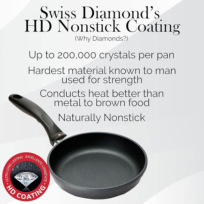 Swiss Diamond 8 Inch Frying Pan Nonstick Diamond Frying Pan, Aluminum Coated Skillet, Dishwasher Safe and Oven Safe Fry Pans with Stainless Steel Handle, Grey