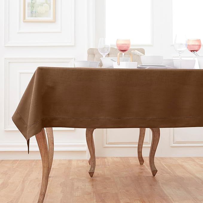 Solino Home Linen Tablecloth 60 x 108 Inch - Classic Hemstitch 100% Pure Linen Brown Table Cloth for Rectangle Tables - Machine Washable Tablecloth for Fall, Autumn