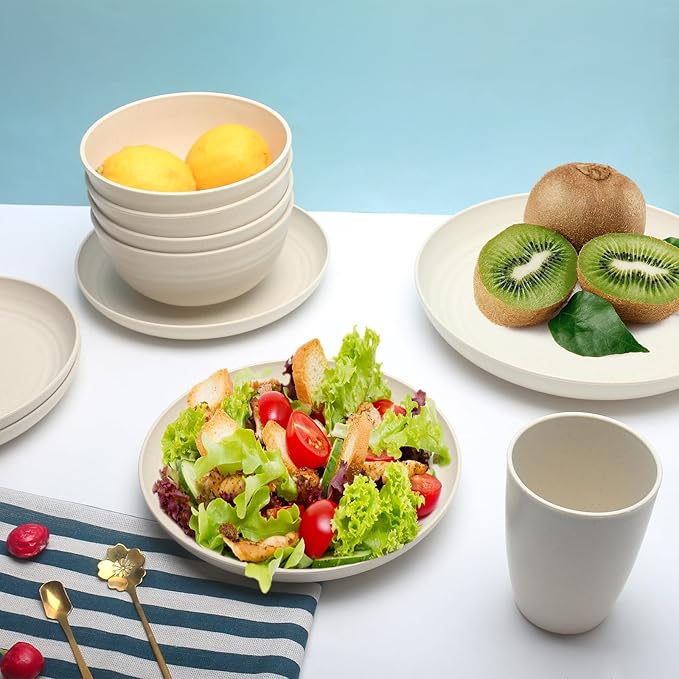 Wheat Straw Dishes Set for 4, Dinnerware Sets 16 piece, Unbreakable Plates, Bowls, Cups Sets for Kitchen Parties Camping RV - Multi-color