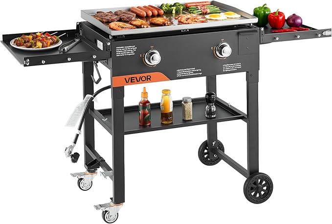 VEVOR Gas Griddle, 2-Burner Flat Top Grill, 28 inch Grill Plate Foldable Propane Griddle with Wheels, 30000 BTU Outdoor Flat Top Grills for Pan-Frying, Grilling, Stir-Frying, & BBQ, Pulse Ignition
