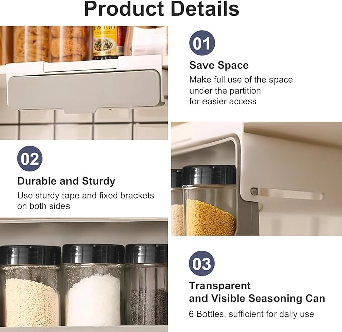 Seasoning Rack with 6 Seasoning Cans, Seasoning Storage Rack Pull-out Seasoning Rack with Seasoning Cans Kitchen Storage Rack Spice Rack Without Drilling (32 X 9.5 X 13.5 CM)