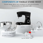 Facelle Stand Mixer, 10-Speed 6QT Kitchen Electric Mixer, Tilt-Head Food mixer with Beater, Dough Hook, Wire Whip and Egg Separator, scraper for Most Home Cooks - Black