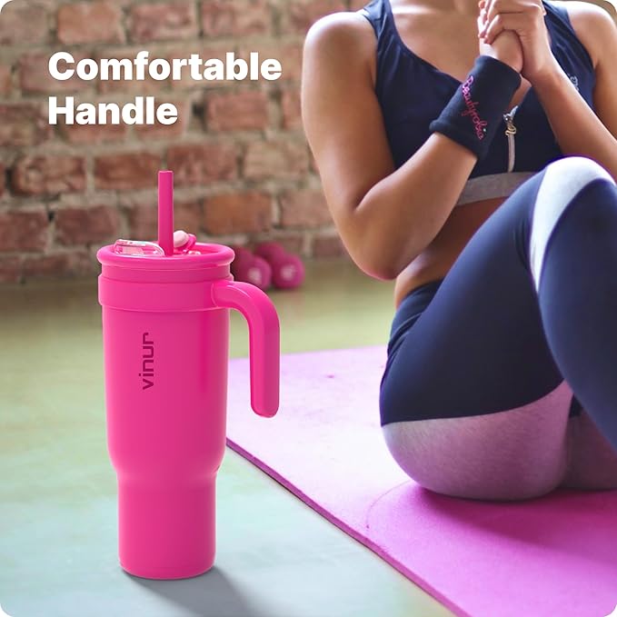 VINUR 40 oz Tumbler with Handle and Straw Lid-Reusable Stainless Steel Insulated Tumbler Cup for Water Coffee, Leakproof Travel Mug with Rubber Base (Rose Red)