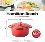 Hamilton Beach Enameled Cast Iron Dutch Oven 5.5-Quart Red, Cream Enamel Dutch Oven Pot with Lid