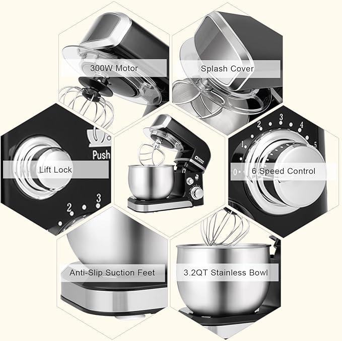 Kitchen in the box Stand Mixer,3.2Qt Small Electric Food Mixer,6 Speeds Portable Lightweight Kitchen Mixer for Daily Use with Egg Whisk,Dough Hook,Flat Beater (Black)