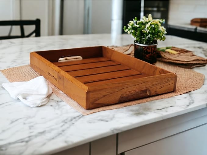 Medium Teak Wood Serving Tray for Home, Kitchen, Breakfast, Restaurant, Office Organizer, Dining Table | Premium Wooden Tray |12 * 8.5 * 1.5 Inches | Handmade in India