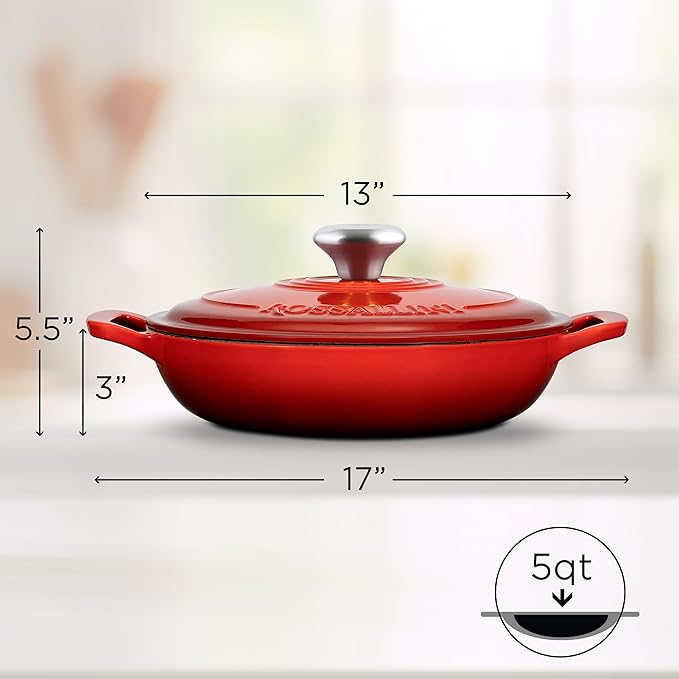 Signature Enameled Cast Iron Braiser, Non-Stick Serving Pot with Tight Fitting Lid for Perfect Roasting, Baking, Sauteing, Searing, and Pan Frying | 5Q (4.7L) - Red