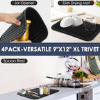 Silicone Trivets for Hot Pots and Pans, 4 Pack Heat Resistant Pot Holders for kitchen, Large Silicone Trivet Mat for Hot Dishes, Black Hot Pads for Kitchen Counter, Hot Mats Spoon Rest, 9 * 12 Inches