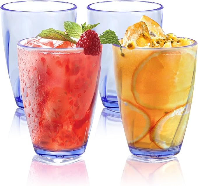Topsky 12-ounce Plastic Water Tumblers | Set of 4 Transparent Unbreakable Drinking Glasses Clear Acrylic Reusable Juice Wine Cups for Home Picnic Party, Dishwasher Safe, Stackable,Blue