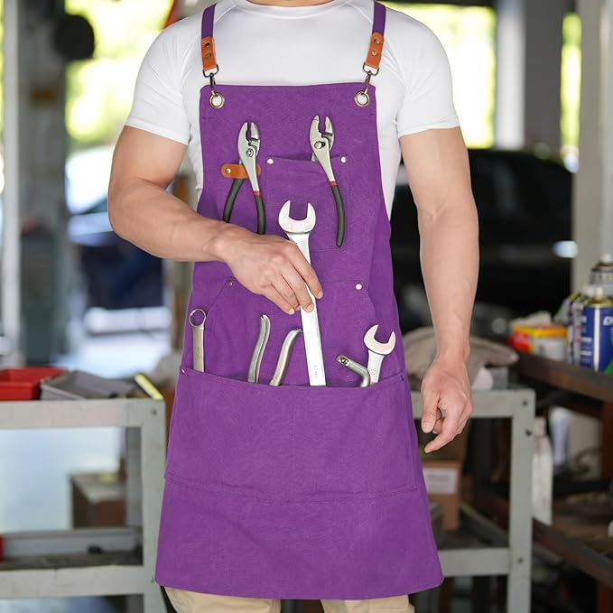 Canvas Aprons for Men Chef Apron, Work Apron with Large Pockets - 16oz Heavy Duty Cross Back, BBQ, Cooking
