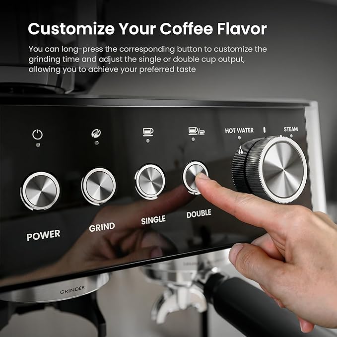 Kismile 15 Bar Espresso Machines with Grinder, Professional Espresso Maker with Removable Water Tank, Milk Frother Steam Wand for Latte&Cappuccino,Hot Water Function for Home (Black)