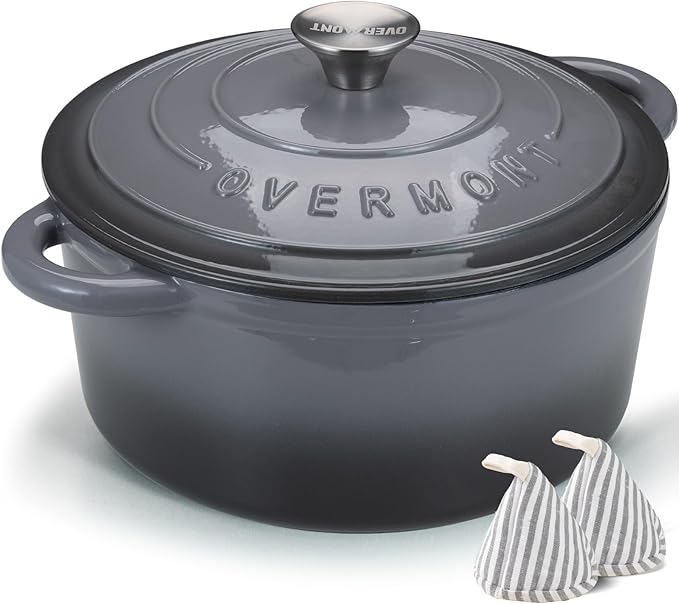 Overmont Enameled Cast Iron Dutch Oven - 4.5QT Pot with Lid Cookbook & Cotton Potholders - Heavy-Duty Cookware for Braising, Stews, Roasting, Bread Baking grey