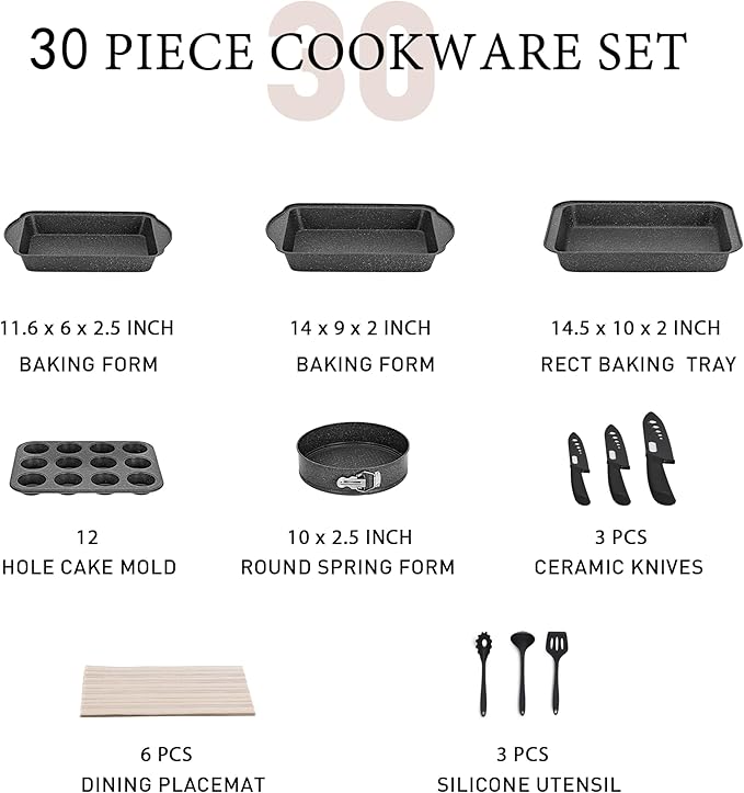 MAISON ARTS Pots and Pans Set Non Stick, 30 Piece Kitchen Cookware & Bakeware Sets with Granite Coating, Pots and Pans Sets for Cooking Nonstick, Black