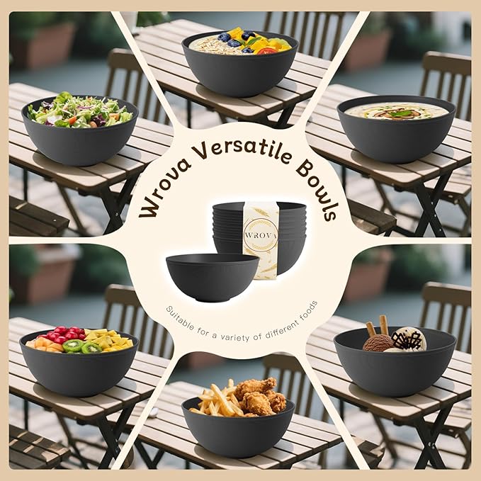 Black Cereal Bowls 40oz for Cereal Lover,Unbreakable Alternative Plastic Bowls Set of 6,Extra Thick Anti-Scald Bowl Sets suitable for Salad,Soup and Fruit.