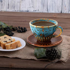 4 oz Espresso Cups Set of 2, Ceramic Cappuccino Cups with Saucers, Durable Porcelain Tea Set & Modern Coffee Cup Collection, Coffee Lover Gifts, Glazed Blue