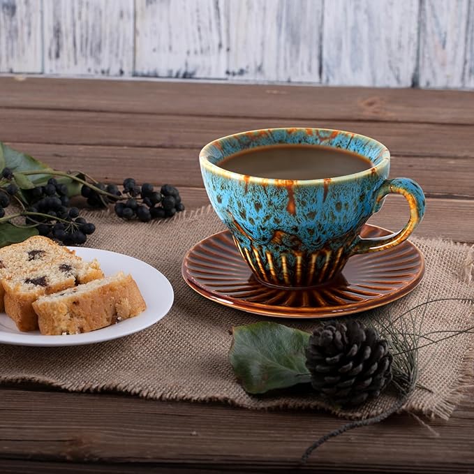 4 oz Espresso Cups Set of 2, Ceramic Cappuccino Cups with Saucers, Durable Porcelain Tea Set & Modern Coffee Cup Collection, Coffee Lover Gifts, Glazed Blue