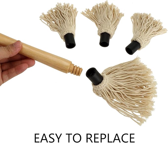 Hedume 2 Pack BBQ Basting Mop with 6 Extra Replacement Heads, Grill Basting Mop Wooden Long Handle Perfect for BBQ Grilling Smoking Steak (18.2 Inch)
