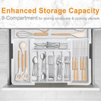 Homecor Silverware Organizer for Kitchen Drawer, Expandable Utensil Drawer Organizer with 2 Knife Block, Flatware and Cutlery Holder, Adjustable Plastic Storage for Spoons Forks Knives