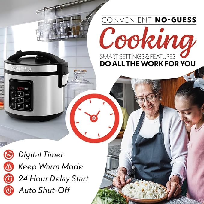 Gourmia Rice Cooker – 3 Qt Capacity, 12 Cup Cooked, 6 Cup Uncooked, Digital Controls, Grain Cooker & Steamer, Built-In Steamer Basket, Nonstick Ceramic Pot, Delay Timer, Keep Warm, Stainless Steel