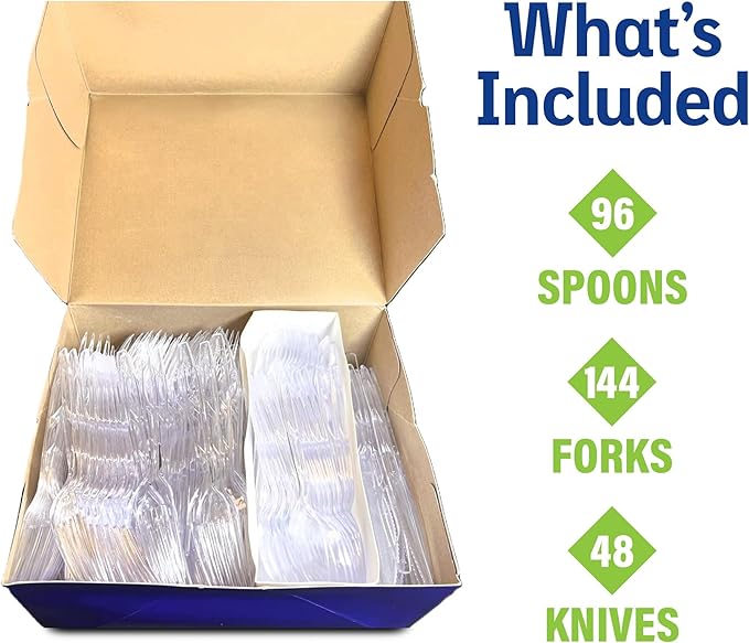 288 Count Diamond® Premium Clear Full-Size Cutlery - Includes 144 Forks, 96 Spoons, 48 Knives, Disposable Plastic Utensils, Plasticware, Silverware